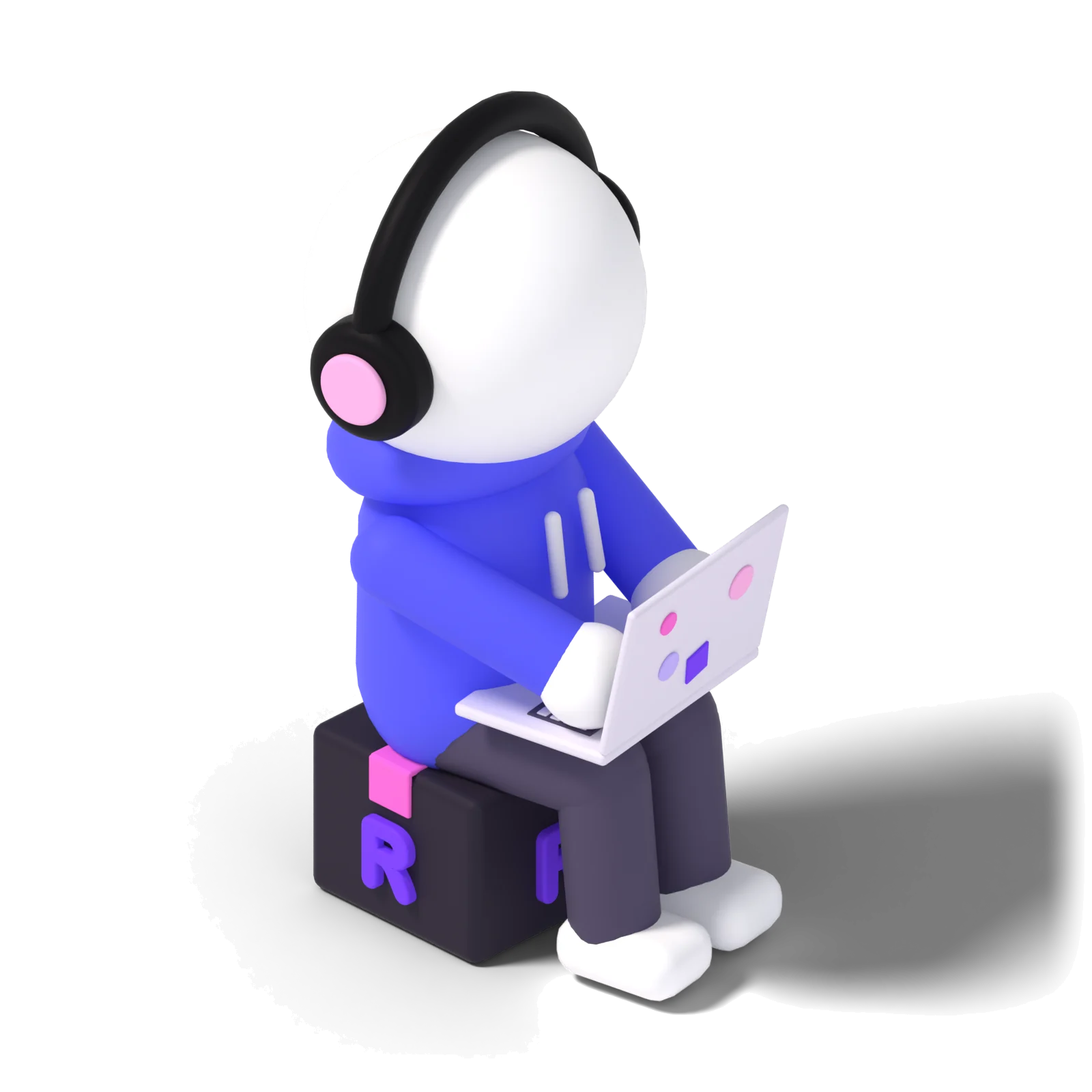 Un developer con le cuffie e il portatile, in vinile blu iris
