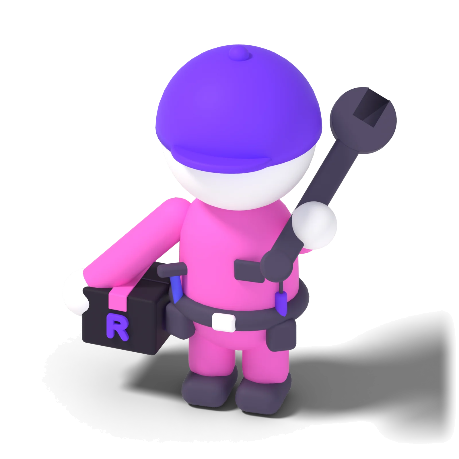 Un installatore con il cappellino e la cintura degli attrezzi, in vinile rosa orchidea